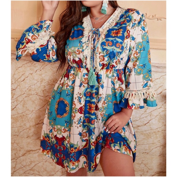 BellanBlue Dresses & Skirts - Boho Plus Print Tassel Ruffle Sleeve Dress
